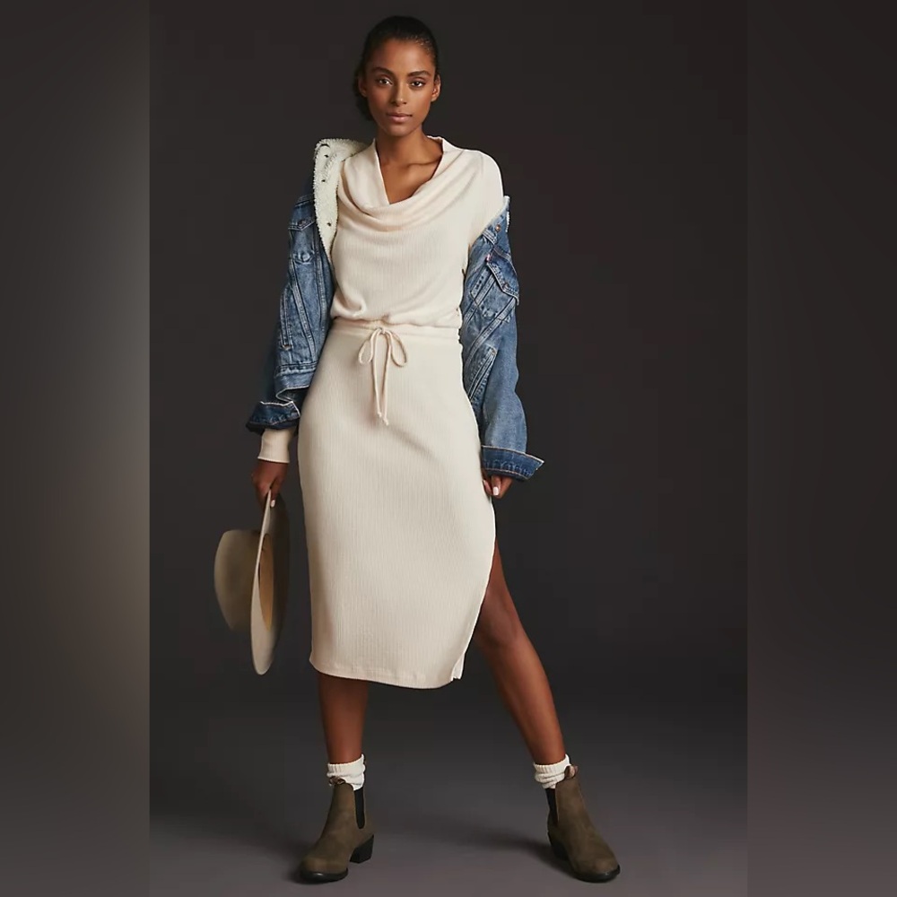 Daily Practice Anthropologie Cream Ribbed Cowl Neck Midi Dress